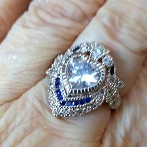 Blue & White Crystal Heart Ring sz 8
